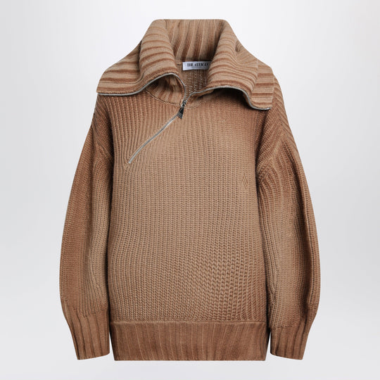 Camel Wool And Cashmere Sweater With Asymmetric Zip