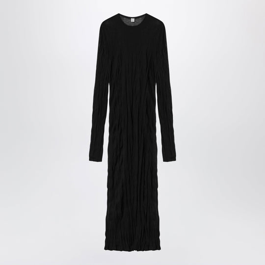 Crinkled Knit Maxi Dress With Long Sleeves In Black