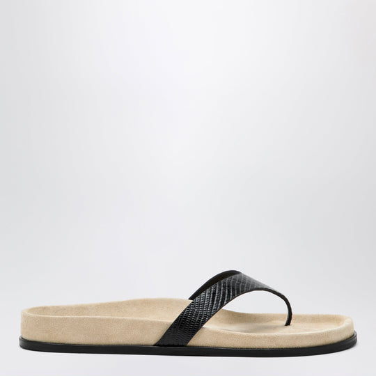 Beige/Black Lizard-Effect Leather Flip-Flops