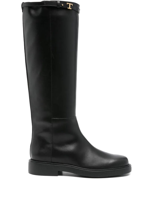 T-Buckle Leather Knee-High Boots