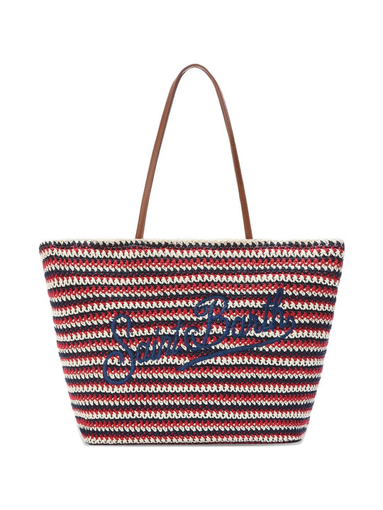 Crochet Large Striped Tote Bag With Embroidered Logo