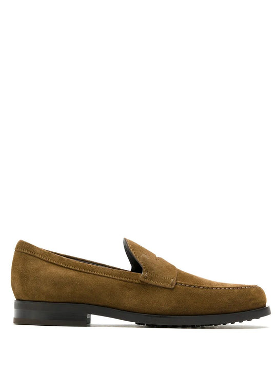 Suede Penny Loafers With Pebbled Rubber Outsole