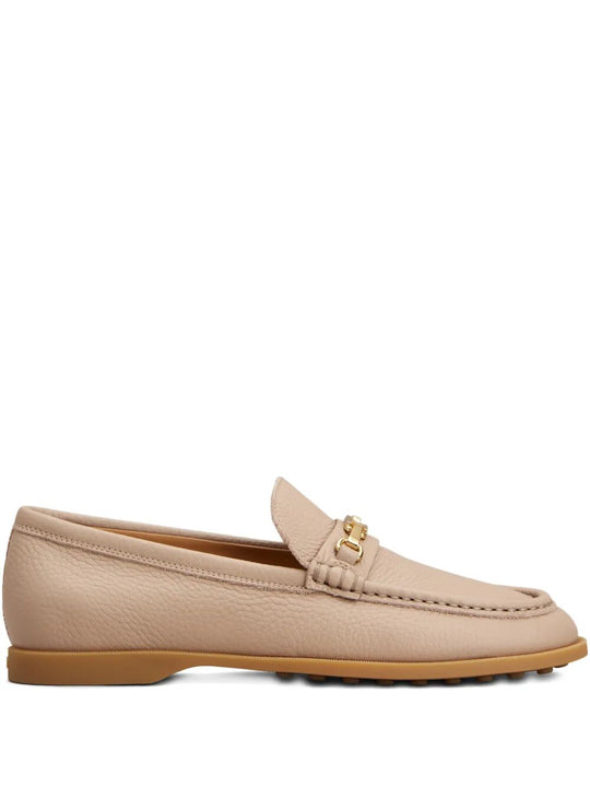 Gold-Tone Buckle Grained Leather Loafers