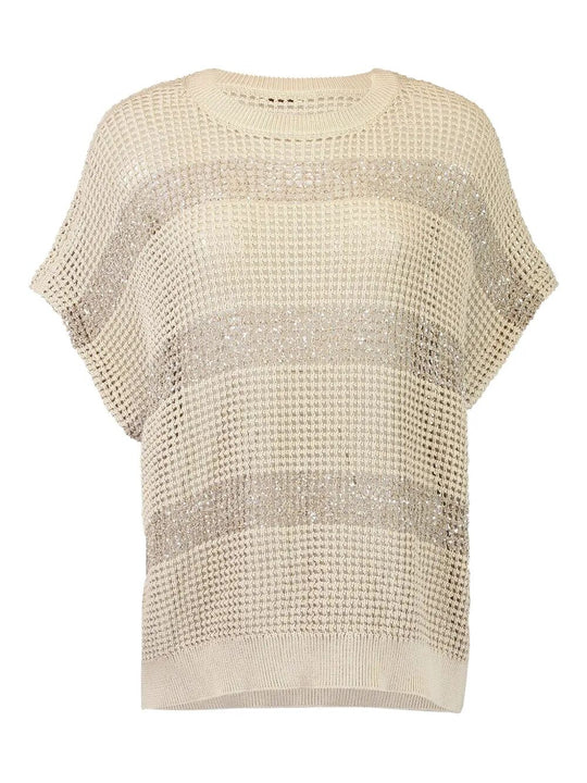 Openwork Knit Crewneck Top With Micro Sequins