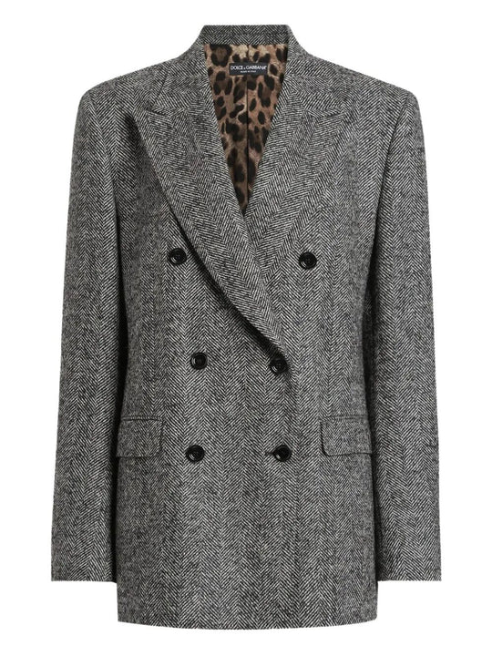 Double-Breasted Herringbone Jacket With Animal Print Lining