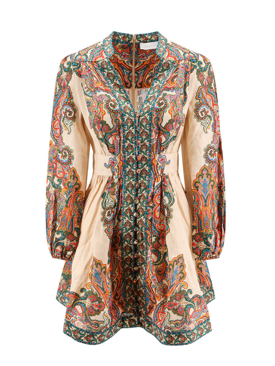 Linen Dress With Multicolor Paisley Motif