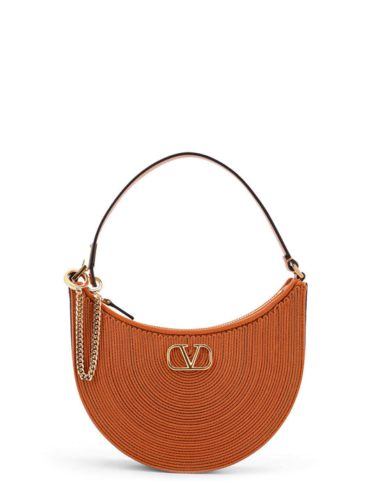 Mini Hobo Vlogo Signature Valentino Garavani Leather And Rafia Bag With Metal And Leather Shoulder Strap