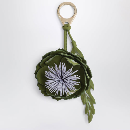 Olive Green/Lilac Leather Key Ring With A Floral Design