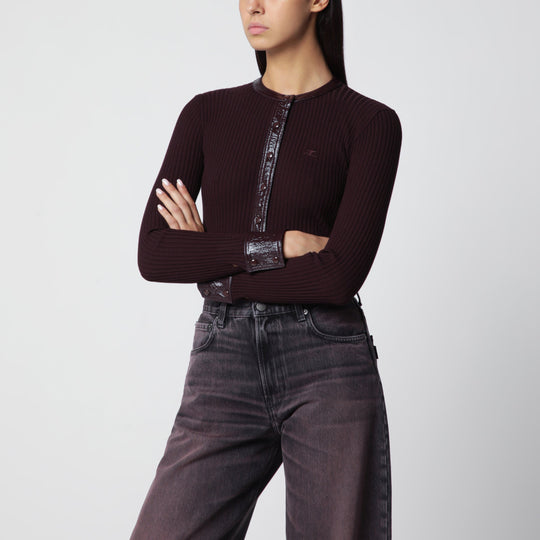 Ribbed Knit Cardigan With Vinyl Trim In Burgundy