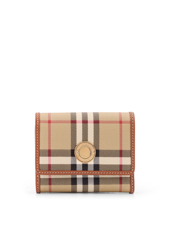 Wallet With Check Motif, Flap Closure With Snap Button And Gold Metal Detail