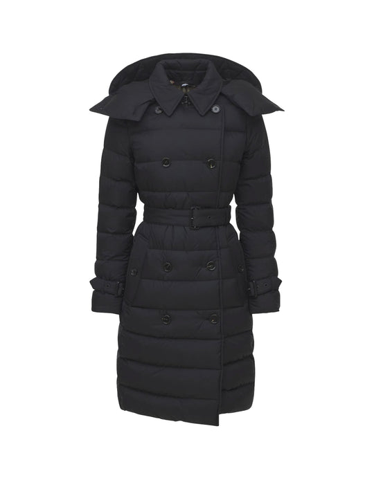 Padde And Quilted Nylon Long Jacket With Belt And Removable Hood