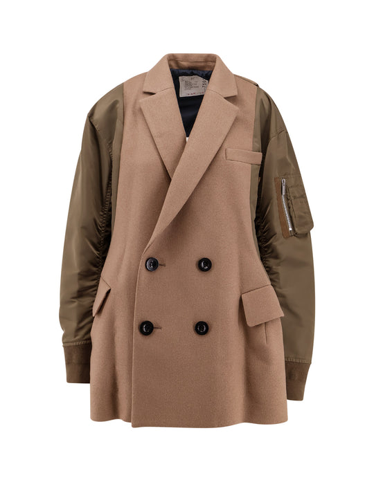 Flared Double-Breasted Wool Jacket With Quilted Nylon Insert And Lateral Nylon Profiles