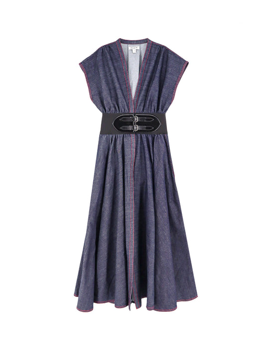 Denim Dress With Leather Stretch Belt