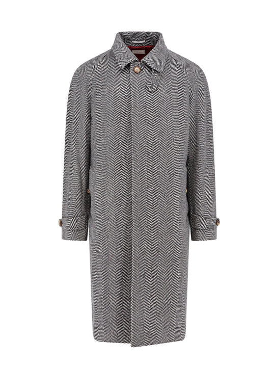 Wool Coat With Herringbone Motif