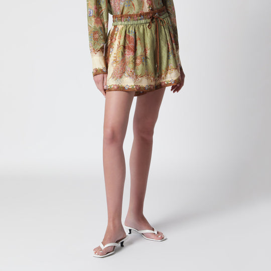 Khaki Floral Silk Indra Relaxed Shorts