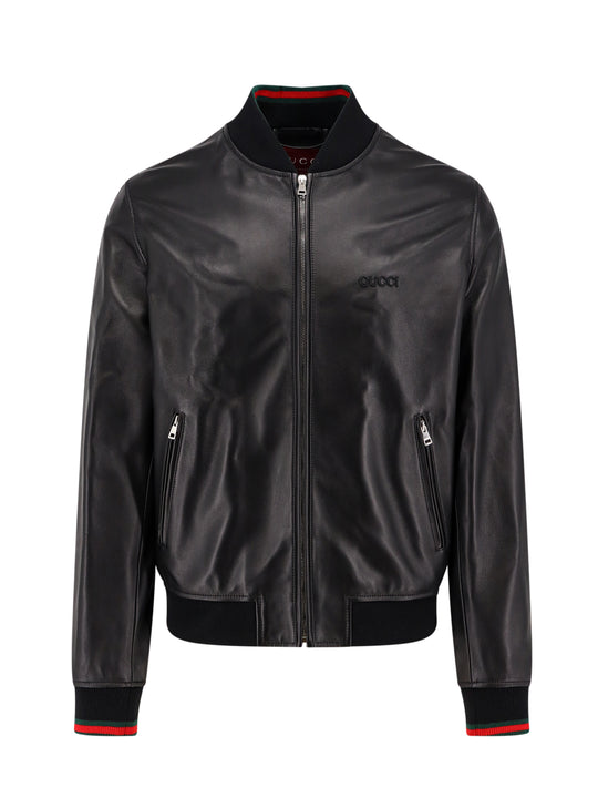 Leather Bomber With Gucci Embossed Detail