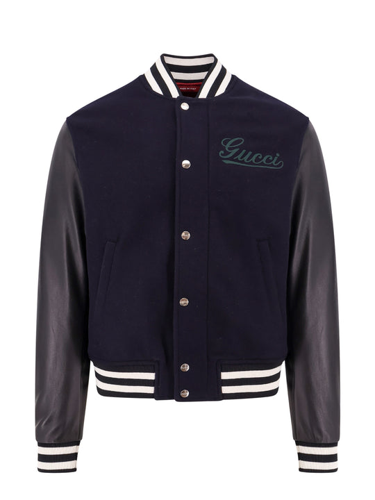 Wool Bomber With Leather Sleeves And Gucci Patch