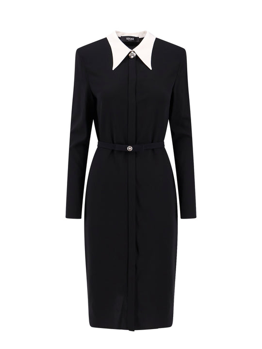Responsible Viscose Dress With Contrasting Collar, Removable Double Collar And Stretch Belt