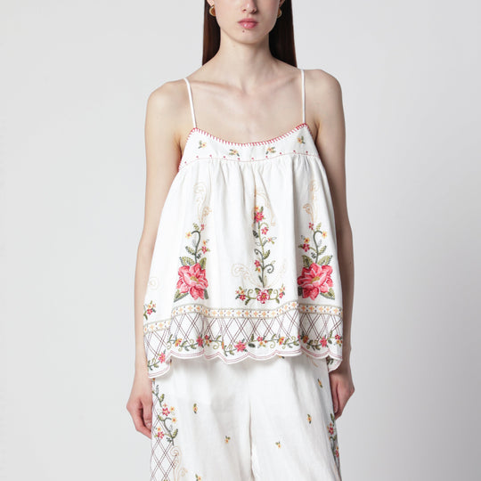 Linen-Blend Top With Floral Embroidery