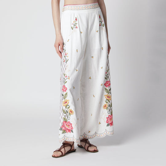 Linen-Blend Trousers With Floral Embroidery
