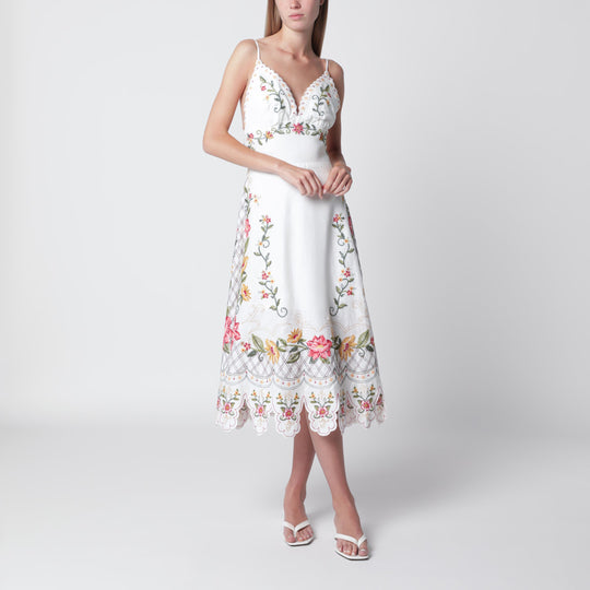 Ivory Midi Dress With Floral Embroidery