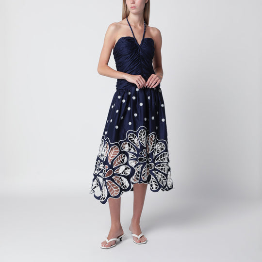 Navy Blue Richelieu Midi Dress With Embroidery