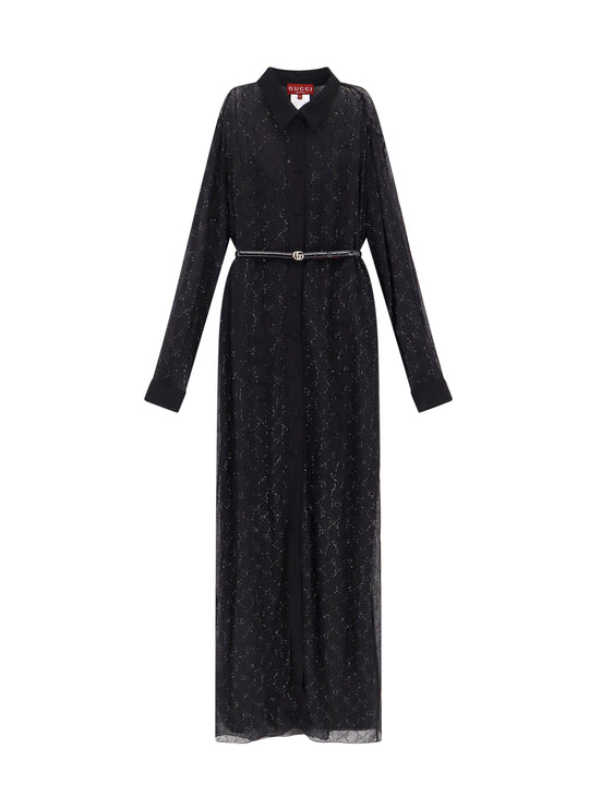 Silk Chemisier Dress With All-Over Gg Motif And Rhinestones