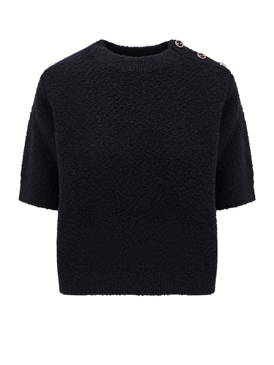 Crew-Neck Wool Sweter With Bouclé Effect And Three Gg Enamelled Metal Buttons