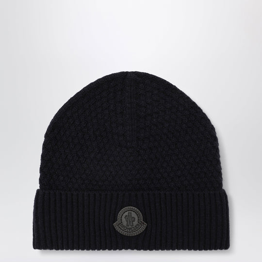 Navy Blue Wool Beanie With Logo Patch