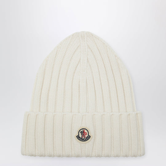 White Cable-Knit Wool Beanie With Logo