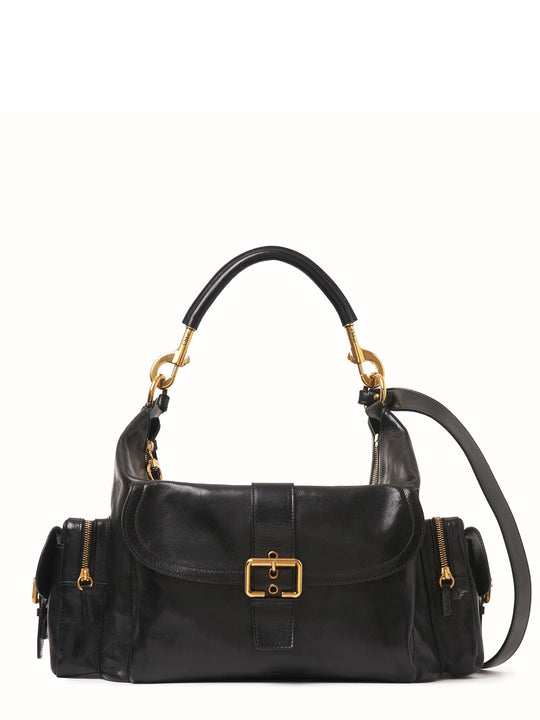 Leather Shoulder Bag With Iconic Golden Buckle On The Front