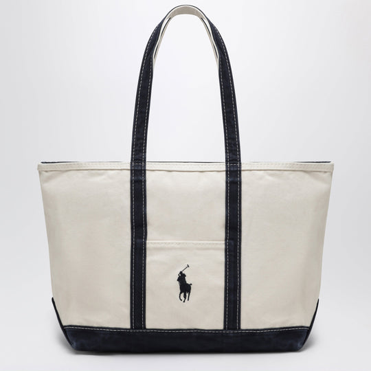Big Pony Logo Tote Bag In Cream And Navy Cotton