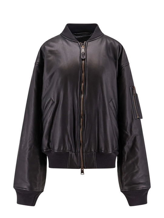 Leather Jacket With Cargo Pocket Detail On The Sleeve