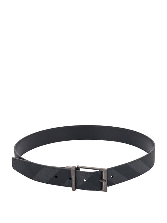 Coated Canvas And Leather Belt With Check Motif