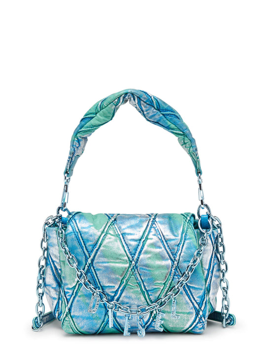 Quilted Denim Shoulder Bag With Logoed Jewel Detail