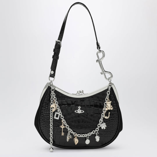 Black Charm Bag In Croc-Effect Patent Leather
