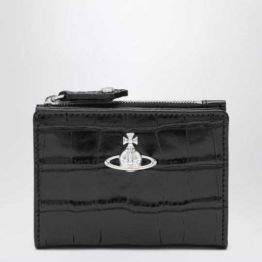 Slim Flap Crocodile-Embossed Leather Card Holder, Black