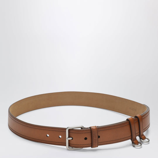 Calfskin Belt With Contrast Stitching And Hooks, Cognac