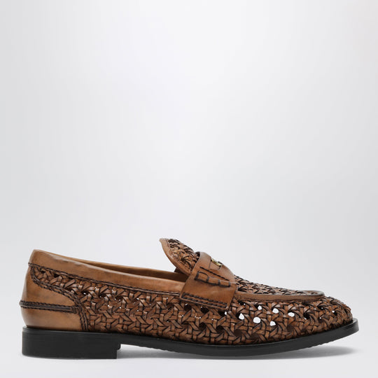 Cognac-Colored Woven Leather Penny Loafers