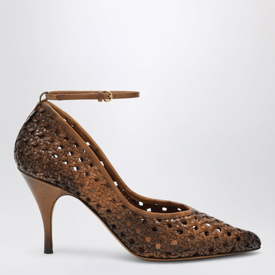 Cognac-Colored Woven Leather Pumps