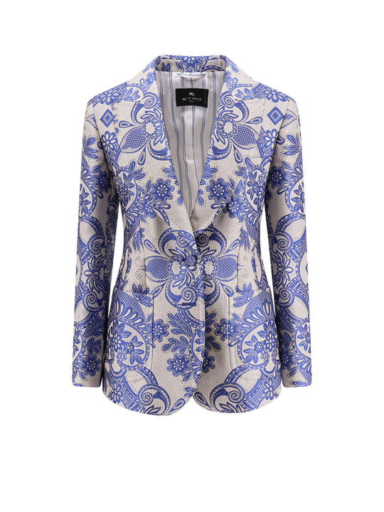 Jacquard Silk Blend Blazer With Embroidery