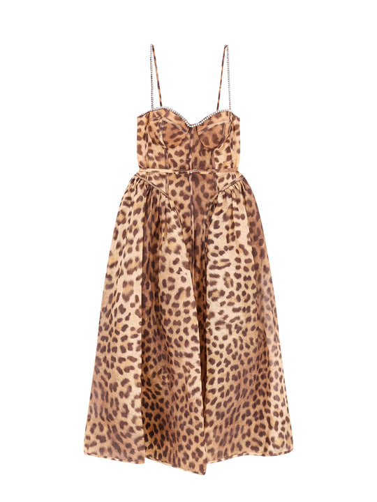 Linen And Silk Midi Dress With Animalier Print