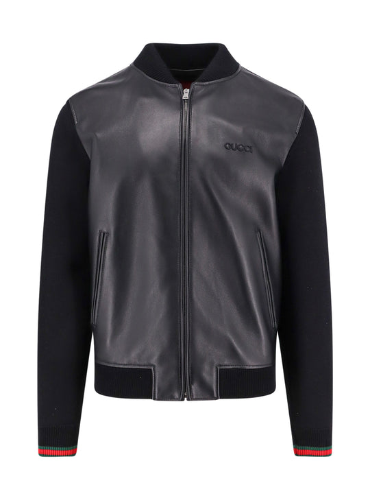 Leather Jacket With Wool And Cotton Blend Inserts