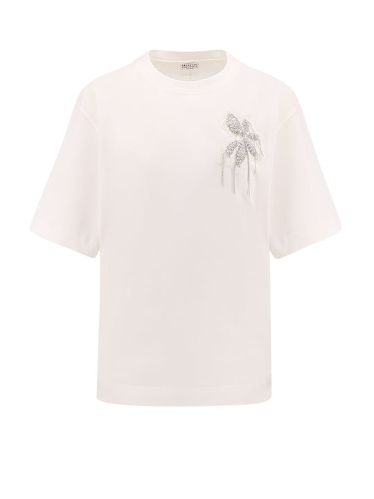 Cotton T-Shirt With Precious Flower Crest Detail