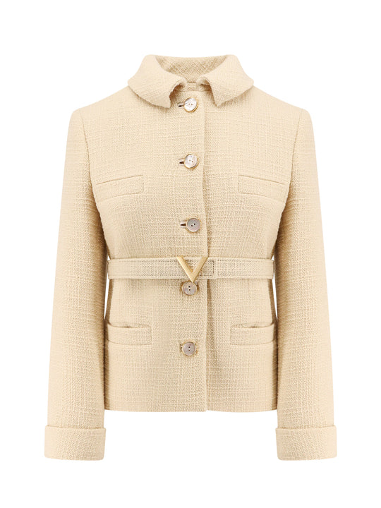 Wool Blazer With Leather Belt And V Gold Buckle