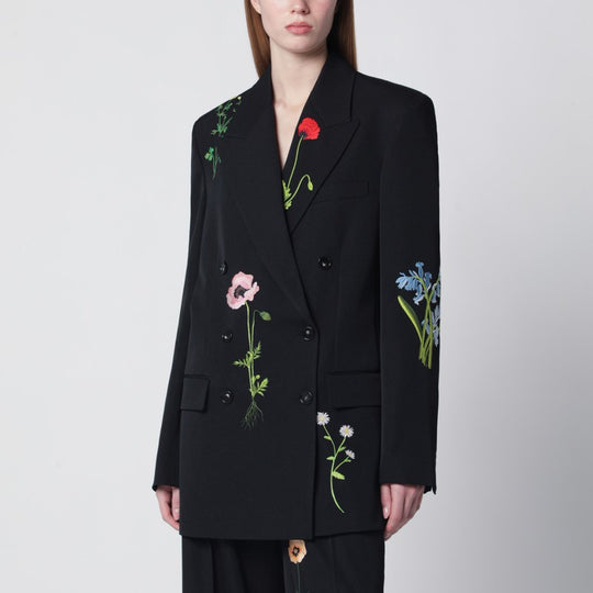 Black Double-Breasted Jacket With Floral Embroidery