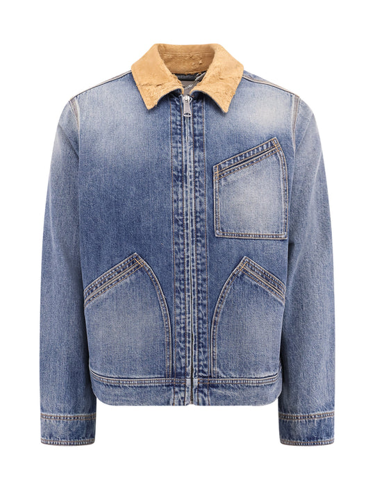 Washed Blue Ddenim Jacket With Suede Collar