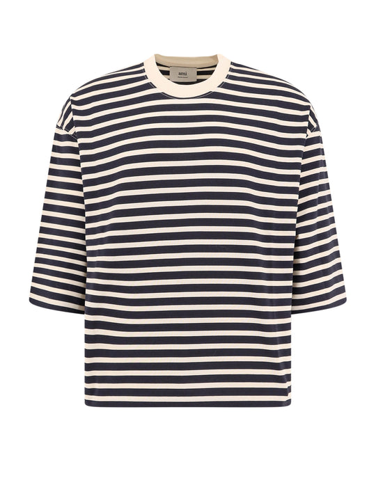 Striped Cotton T-Shirt With Ami Embroidery On The Back