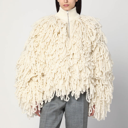 White Wool Bomber Jacket With Fringes