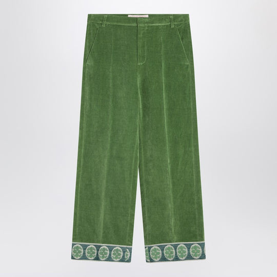 Green Velvet Trousers With Jacquard Hem